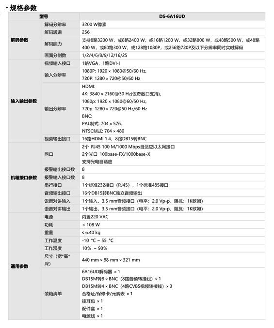 DS-6A16UD規(guī)格參數(shù)