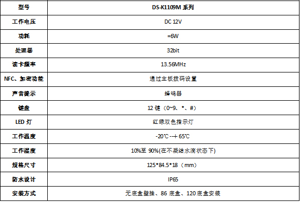 DS-K1109規(guī)格參數